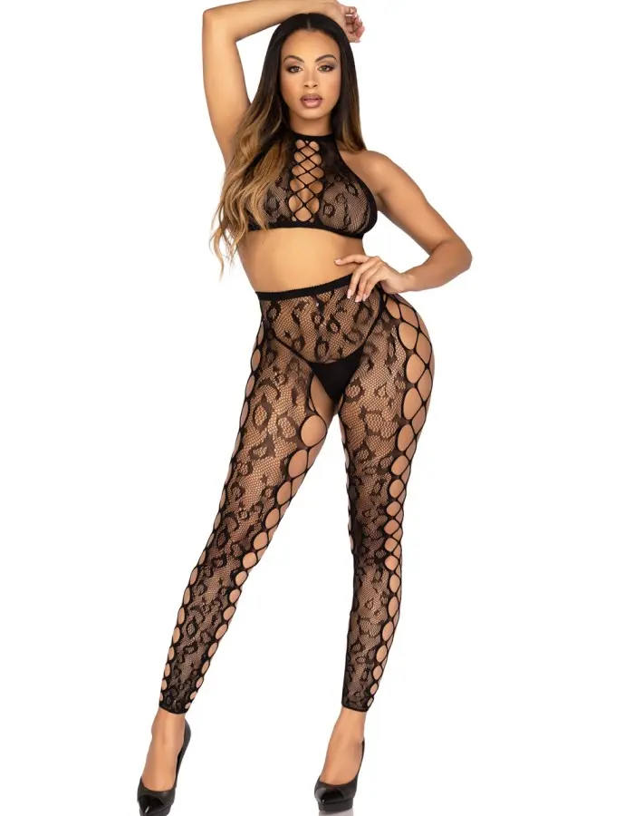 2 Pc Leopard Net Crop Top and Crotchless Footless Tights With Faux Lace-Up Detail - Os - Black