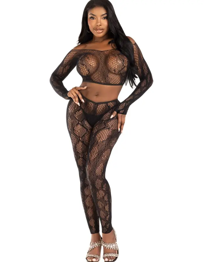 2 Pc Python Net Crop Top and Footless Tights - Os - Black