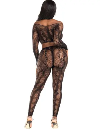 2 Pc Python Net Crop Top and Footless Tights - Os - Black