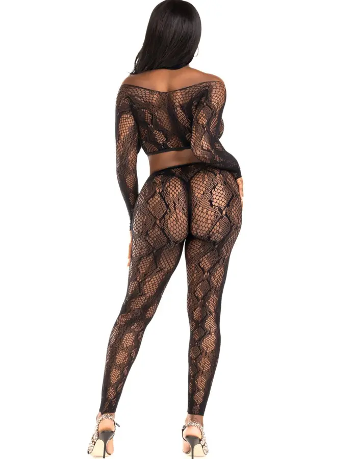 2 Pc Python Net Crop Top and Footless Tights - Os - Black