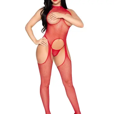 2 Pc Circle Net Cupless Suspender Lingerie Jumpsuit and Matching Panty - Os - Red