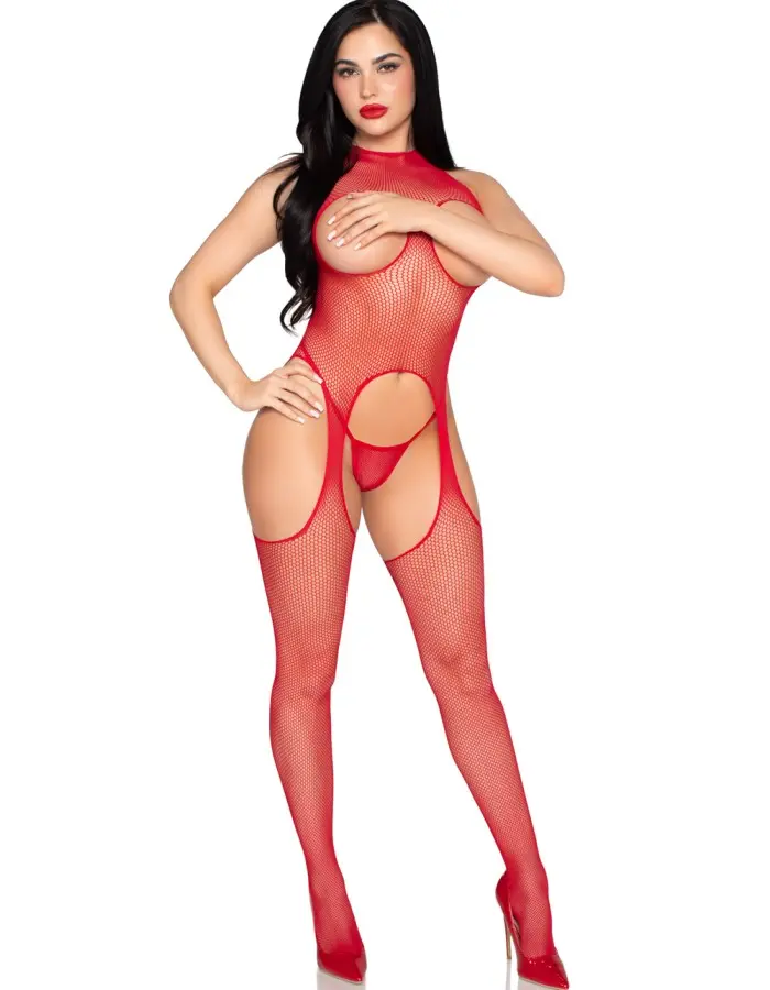 2 Pc Circle Net Cupless Suspender Lingerie Jumpsuit and Matching Panty - Os - Red