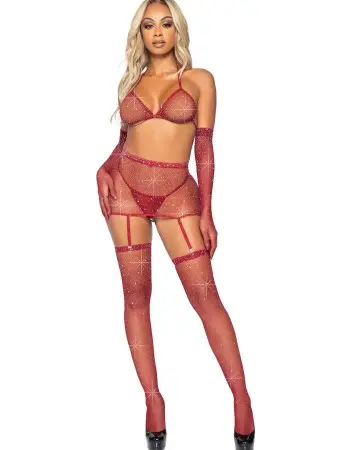 5 Pc Rhinestone Bikini Top G-String Garter Skirt, Gloves and Stockings - One Size - Burgundy