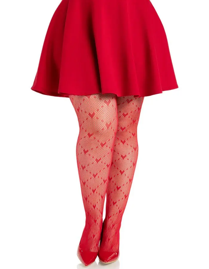 Plus Valentina Heart Net Tights - 1x 2x - Red