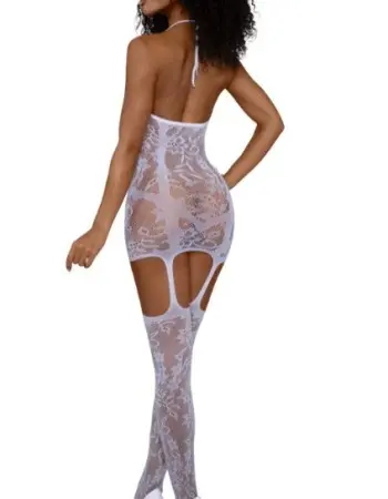 Lace and Opaque Seam Garter Dress - Os - White