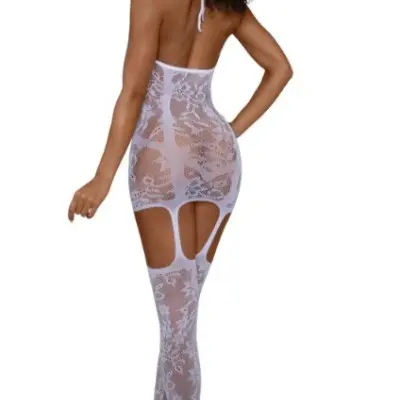 Lace and Opaque Seam Garter Dress - Os - White