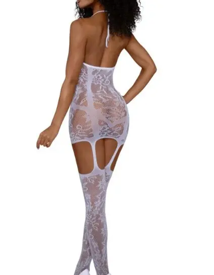 Lace and Opaque Seam Garter Dress - Os - White