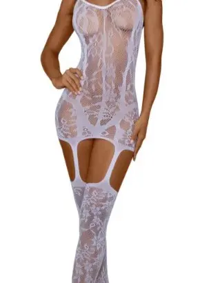 Lace and Opaque Seam Garter Dress - Os - White