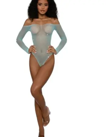 Rhinestone Off Shoulder Bodystocking - Os - Agate