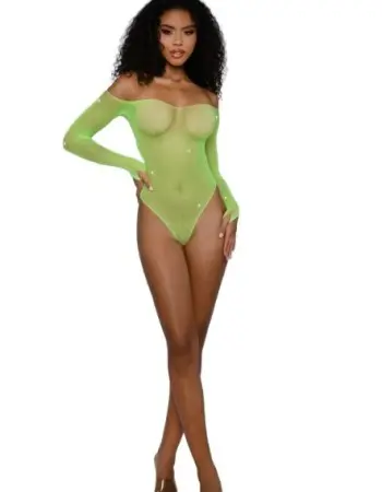 Rhinestone Off Shoulder Bodystocking - Os - Neon Lime
