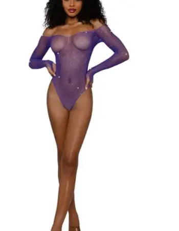 Rhinestone Off Shoulder Bodystocking - Os - Ultra Violet