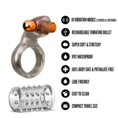 Stay Hard Vibrating Cock Ring Set With Sleeve Textured Sheath