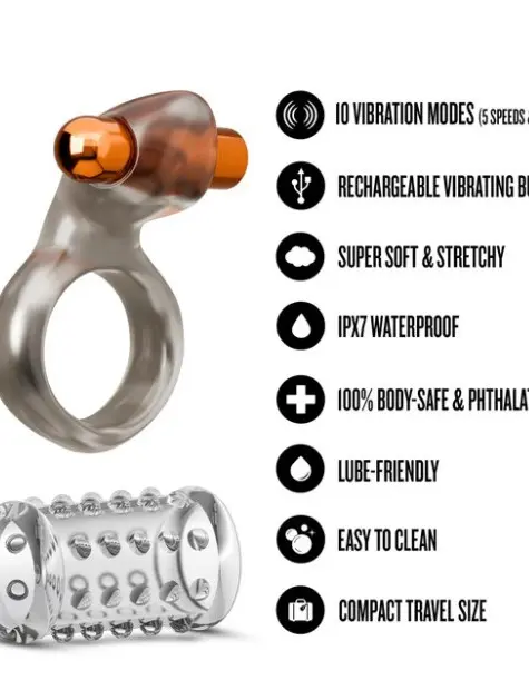 Stay Hard Vibrating Cock Ring Set With Sleeve Textured Sheath
