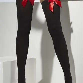 Thigh High Stockings With Red Bow - Black Fv-29331