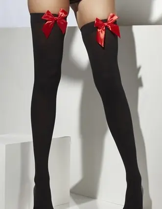 Thigh High Stockings With Red Bow - Black