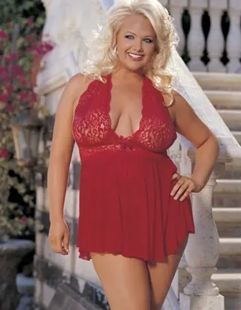 Stretch Mesh and Lace Baby Doll With Bow - Queen Size - Red