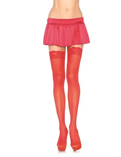 Lace Top Sheer Thigh High - One Size - Red