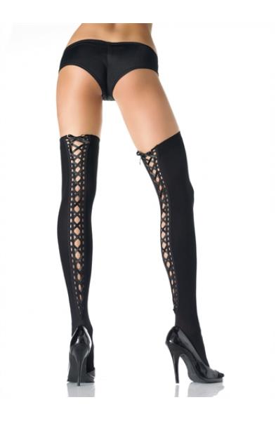 Opaque Thigh High Satin Lace Up - One Size - Black