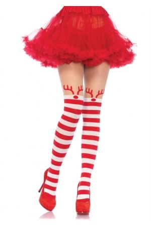 Rudolph Reindeer Opaque Striped Pantyhose With Sheer Thigh High Accent