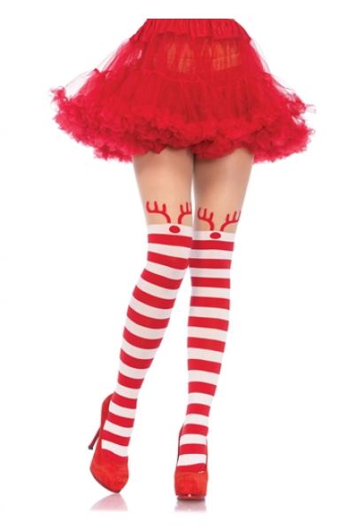 Rudolph Reindeer Opaque Striped Pantyhose With Sheer Thigh High Accent