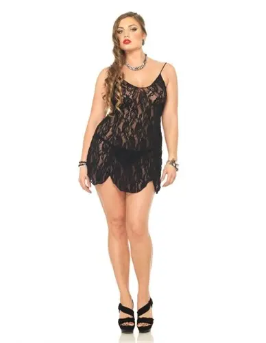 Rose Lace Chemise and G-String - Queen Size  - Black