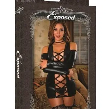 Exposed Liquid Onyx Zipper Back Dress & G-String Set - Large - X-Large