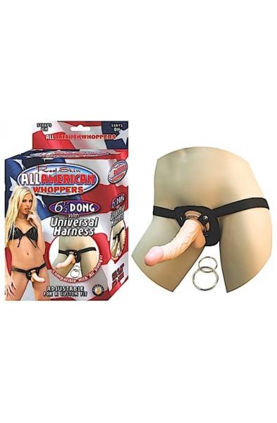 All American Whoppers 6.5-Inch- Dong With  Universal Harness- Flesh